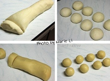 step6: 發酵好的《麵皮》等分成八份
一份約為 40g 左右

將《油酥麵糰》從冰箱取出來
同樣等分為八份，一份約為 12g 左右