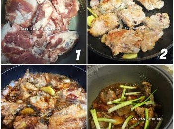 step1: 豬軟骨解凍清洗抹淨，用鹽略醃，下油爆香料頭，灒酒加蓋5秒，下豬軟骨煎至四面金黃，再灒酒加蓋5秒，下調味料煮滾，倒入電飯煲放上蔥及按煮飯掣。