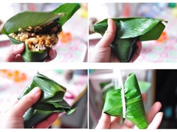 step5: 蓋上粽葉包覆後，將兩邊沿著粽型往下摺，再用拇指與小指將兩邊下壓的粽葉固定住，並將多於突出的粽葉往拇指方向內摺，取出粽繩將粽身中間纏繞數圈後打死結，就完成了粽子囉!(多練習幾次後，就能得心應手喔!)
