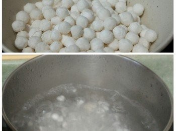 step2: 燒一鍋水，待水煮沸後下西米，中火煮20分鐘後關火蓋上蓋子焗15分鐘然後篩隔水份(以上步驟需重複多一次)最後把大西米隔篩濾水再浸水備用。