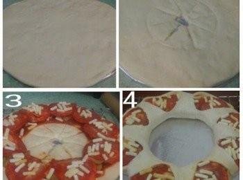 step6: 先在焗盤底部掃上少許菜油， 然後把麵團整形。然後可順序放上 Pasta sauce ，Mozzarella cheese及其他配料，最後再灑上Mozzarella Cheese。