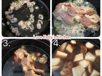 step2: 紅蔥頭切粒再放落Staub 24內爆香，放入已飛水的牛坑腩煎香，倒入水及所有調味料，用大火炆15分鐘，轉細火炆30分鐘，加入白蘿蔔繼續用細火炆30分鐘，最後熄火繼續焗1小時就可以食