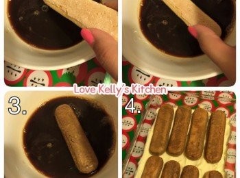 step3: 將混合好既cheese一層層倒入長方的容器內，掃平再放手指餅(當手指餅放入去咖啡內時要快，可以參考下圖)，重複兩次最後用cheese舖在最頂，放入雪櫃雪一晚;