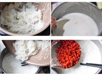 step3: 在等待過程中，先取500cc水，將在來粉綜合拌勻，待蘿蔔絲烹調完成倒入在來粉糊中，快速攪拌，接著加入以100cc塭水泡軟的枸杞子及水倒入粉糊中拌勻並調味