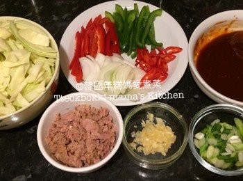 step1: 將洋蔥、紅椒、青椒、椰菜切絲，切碎蒜蓉，紅辣椒及蔥切粒，吞拿魚瀝乾水份。另外在碗內放入糖漿、豉油、韓國辣椒醬Gochujang、韓國烤肉醬Ssamjang一起拌勻備用。
