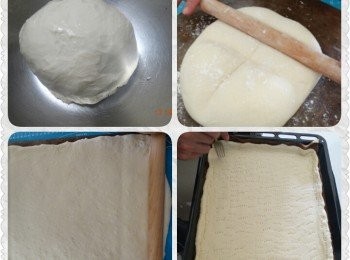 step2: 3.麵糰排氣滾圓醒15分,放在烘焙紙上桿成長方形,入烤盤再用叉子叉勻,葱綠
+植物油用湯匙
4.後發50分.烤箱預熱190度,先放中層烤3分鐘,取出表面刷蛋液再灑黑白芝麻
5.拌勻的葱綠+塩再倒入麵糰上用湯匙背推勻