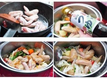 step3: 先將雞翅與辣椒用少許的由香煎後放入電鍋內鮮蔬上層，加入<span class="group_2">醬料</span>後，蓋上鍋蓋蒸煮(外鍋1.5米糧杯水)，約莫20分鐘後，在用湯匙將鍋內鮮蔬及雞翅均勻拌一下，這樣可以讓蒸煮更均勻入味