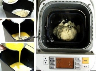 step2: 將材料 (1)~(8) 放進麵包機容器中
設定麵包機 Mode30 《烏龍麵麵糰模式》
機器一共只打 15分鐘 就結束了

※ 請留意鹽和酵母粉要分開放置，避免直接接觸以免影響發酵。