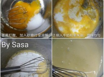step3: 蛋黄打散加入細砂糖用手動打蛋器拌勻;倒入牛奶汁、油，仔細混合至呈現滑潤;    加入低筋麵粉，充分拌至滑潤狀態