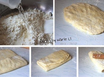 step5: 最後倒進《冰水》
快速的捏合成無粉粒的麵糰即可。

桌面灑上中筋麵粉，將麵糰放置在桌面上
擀成方型後先折成三折
轉90度擀開來再折三折
以保鮮膜或錫箔紙包起來冷藏30分鐘醒麵。