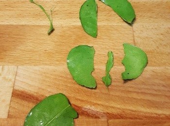 step1: 檸檬葉去除葉中間既硬莖切碎備用