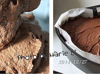 step9: 把完成的蛋糕糊倒進已事先準備好的蛋糕模中
約倒入九~十分滿模
讓它烘烤後呈現膨發出模的狀態也會很不錯喔

把蛋糕糊表面抹平
蛋糕模輕輕在桌上敲幾下
把大氣泡給敲出來。

※蛋糕模先塗抹一層油再將裁切好的烘焙紙鋪上。