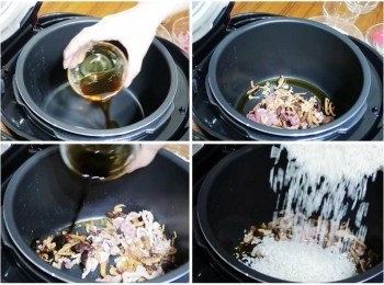 step3: 如同一般不沾鍋運用，
不沾材質內鍋應避免長時間空燒，
當設定好即可倒入麻油，
再依序加入肉絲ˊ香菇ˊ蝦米ˊ拌炒出香氣，
並添入五香粉ˊ醬油ˊ米酒ˊ糖和鹽<span class="group_2">調味</span>，
最後加入長糯米略為拌炒均勻