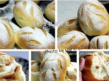 step8: 烘烤出爐的麵包其實很漂亮
只是手拙如我，線條並沒有割得很好
這是我自己的功夫有待改進的地方

表面的手粉讓切割的線條更加明顯
只是不習慣麵包表面沾著許多粉
所以吃的時候還是先將粉給拍掉了~

這款軟法真的很好吃
打從麵糰打好開始我就愛上它了
有種白拋拋、水嫩嫩的觸感
一剝開麵包果然裡面呈現著鬆軟細緻的口感呢~