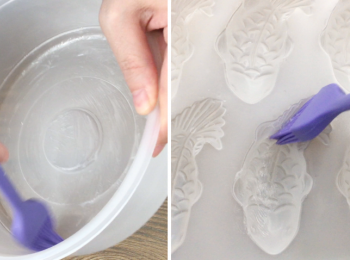 step7: （左圖及右圖）模內抹椰子油,蒸後易甩模。