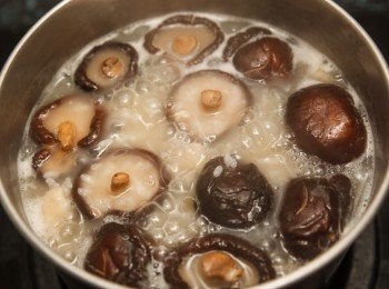 step4: 再來放入切成小塊狀的雞肉與香菇煮熟，並加入少許的鹽調味就完成了。