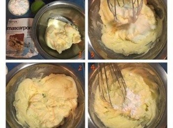 step2: 接下來制作馬斯卡澎內餡：略將馬斯卡彭打散後加入鮮奶油輕輕拌勻，再加入糖粉和檸檬汁拌勻即可試甜度做調整，接著裝入夾鍊袋放入冷藏備用。