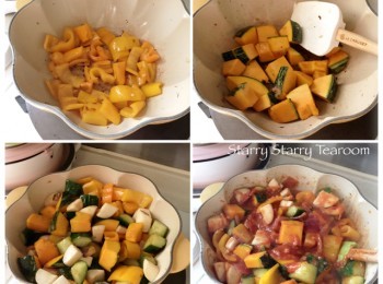 step4: 用橄欖油，開中火分別炒香所有雜菜。全部炒香後，再全部回鍋，再倒入蕃茄醬，燉煮20分鐘。