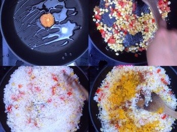 step6: 燒熱鍋，先下一點油，下蒜蓉炒香
下蕃茄粒、粟米粒炒熟 
下冷飯炒勻，之後下紅椒粉 、咖哩粉 、鹽調味