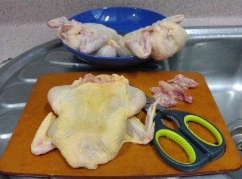 step2: 用較剪去除雞的胸骨， 讓雞成半袋狀, 用3/4茶匙幼鹽醃雞內外， 醃至少兩小時

----  去胸骨示範 youtube video :  https://www.youtube.com/watch?v=OENuG4ckFUs