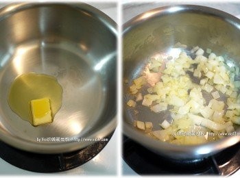 step1: 1 把奶油與橄欖油放入鍋裡加熱融化後，倒入洋蔥丁炒到洋蔥呈透明狀