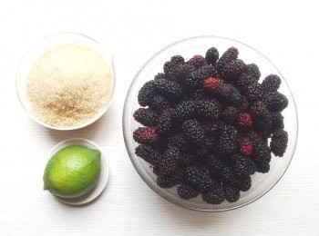 step1: 準備材料。將桑椹的蒂頭梗子剪掉,做出的果醬口感才會好。清洗時將桑椹用過濾網裝好,使用流動水沖洗比較不會破壞到桑椹果實表面。ps:食譜配方是以500g的桑椹比列來計算。我這次用了1500g的桑椹,所以其他的材料都要乘以3倍計算。