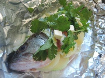 step3: 用錫紙做成兜狀，放數片洋蔥片再兜底，放進鱸魚，魚肚內放兩片洋蔥，倒入餘下的汁料，舖上洋蔥粒，芫茜和牛油粒再封好表面.