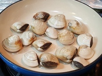 step2: 鑄鐵鍋小火燒熱，放入沙白蜆，蓋上蓋子煮3-4分鐘至蜆全開。
