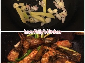 step2: 2）熱好油鑊，加入紅蔥頭、蒜頭、薑爆香，加入虎蝦炒至開始轉色，加入<span class="group_2">調味料</span>不斷兜炒，直至收乾汁，最後灑上蔥花便完成