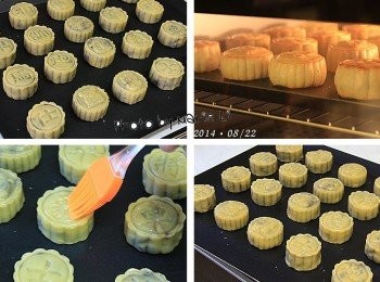 step7: 《烘王A+ HW-9988，預熱 上210度、下210度》

先將烤箱設定好

上火：         210度
下火：         210度
烤盤放置：      上層
烘焙時間：   7~8分鐘

※ 每台烤箱的狀況皆不相同，請依自家烤箱的狀況做調整設定。

將完成的小月餅送進已預熱好的烤箱中
先以 210度高溫烘烤 7~8 分鐘讓月餅定型
然後將烤盤取出烤箱
為月餅表面塗上一層蛋液
讓烘烤出來的月餅色澤比較美麗。