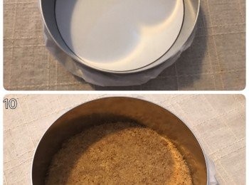 step4: 蛋糕模及紙咭放在牛油紙上，用牛油紙包好蛋糕模邊備用；將餅碎用匙羹壓在蛋糕模底；