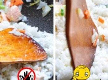 step4: 飯粒要炒的粒粒分明訣竅~ 除了中大火候，記得白飯千萬不要以剷底擠壓的方式處理，因為這樣飯粒會因為擠壓而更粘密，盡量以剷尖頭部位挑開翻炒。