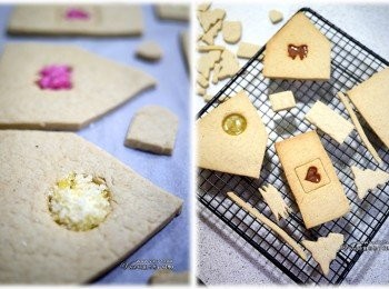 step4: 7 用刀或各式壓模依自己喜愛壓出圖案來8壓出的型狀放入舖上烘焙紙的烤盤中，180度烤10分
9 接著填入碎糖果粉後，再烤5分即可