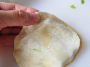step8: 用兩隻手指將兩張餃皮邊緣擠壓黏上或褶點小褶