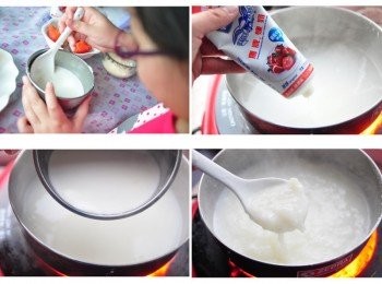 step2: 備妥玉米粉水交給女兒QQ攪拌均勻，接著將水煮滾後放入洋菜滾煮至溶化，再放入適量的鷹牌煉奶攪拌試甜味，然後加入玉米粉水滾煮持續攪拌成糊狀即可並放置稍涼