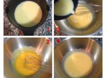 step2: 先將奶油和牛奶加熱到奶油都溶化。 蛋黃先打散。將加熱後的奶油牛奶緩緩倒入打散的蛋黃液中，要邊倒邊攪拌。混好的蛋黃液要分成兩份, 倒40g出來再另一容器中備用.剩下的則要拌可可粉.
