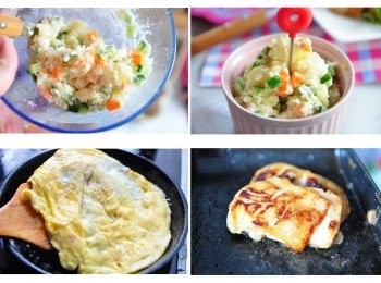 step2: 先將馬鈴薯蒸熟後搗碎，加入小黃瓜丁、紅蘿蔔丁、沙拉拌勻做成簡單的薯泥沙拉，另外雞蛋拌勻後香煎，再把醃製香甜的燒醬和迷迭香料粉的去骨雞腿片煎熟備用