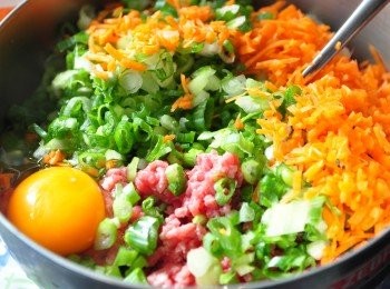 step1: 準備牛絞肉、蔥末、胡蘿蔔末、雞蛋、香油等