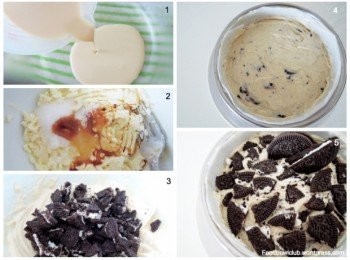 step3: 1)将冷藏后的淡奶放入碗中，并打发至呈现尖顶状。 2) 将奶油起司，糖，柠檬汁，香草精，一起混合至顺滑。3)拌入已打发好的淡奶油和敲粹的oreo饼干，稍微拌一拌即可。4) 将芝士馅料倒入饼低里，再用多余的饼干粹装饰顶部。最后，放入冰箱里冷藏一夜即可。