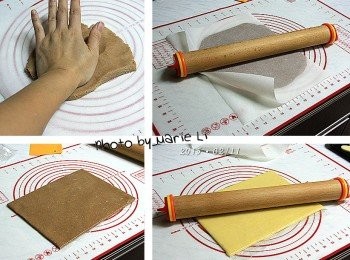 step5: 冷藏過的麵糰取出，用手稍加按壓後
我把兩種麵糰各別分割出約五分之二的份量出來
裝進塑膠袋中擀成約 0.3cm 厚度的麵糰
再次送入冰箱冷藏二個小時以上

其餘的五分之三用烘焙紙包覆起來
也擀開成 0.3cm 的麵糰
這部份麵糰送進冰箱冷凍庫冰半個小時以上
讓麵糰硬一點做壓模餅乾時會比較好操作