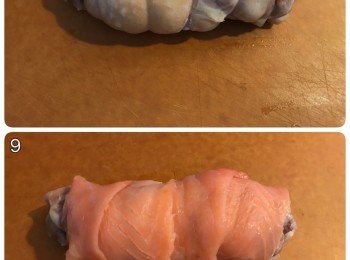 step5: 蒸20分鐘，取出後待涼，放入雪櫃雪2-3小時；
用煙三文魚包住雞卷，然後好似切壽司咁切一件件，灑上白芝麻和淋上芝麻沙拉醬便可享用