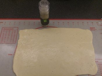 step3: 將麵團壓成長方形, 掃上一層薄油和撒上少許鹽, 之後再撒上蔥粒。