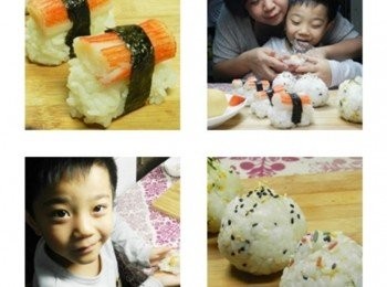 step6: 今天晚上我跟大兒子佑佑玩的好開心，我吃一口蟳味棒握壽司，佑佑吃一口起司飯團，料理中也能增進彼此的感情喔！