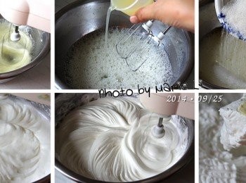 step5: 在另一只較大的工作鋼盆中倒進蛋白
以低速攪打出泡沫，倒進檸檬汁繼續攪打出更多泡沫
先倒進一半的細砂糖繼續攪打，
待打出更多細緻泡沫時再將剩餘的砂糖全加進去
然後以高速繼續打發至蛋白質霜呈現蓬鬆挺立的狀態。