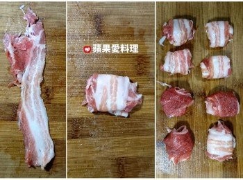 step2: 將2片豬肉片疊在一起，捲起來。重覆這個步驟，捲完全部的肉片。