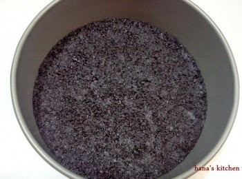 step2: 奶油放進微波爐讓它溶化後和餅乾均勻混合在一起,再倒進模子裡,壓緊後放進冰箱冷藏備用.