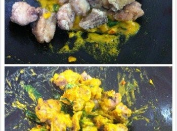 step5: 最後加入炸好的雞塊大火，炒拌均勻即可上座。