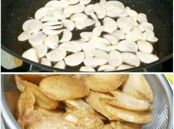 step2: 蒜片煎至金黃香脆隔油備用。