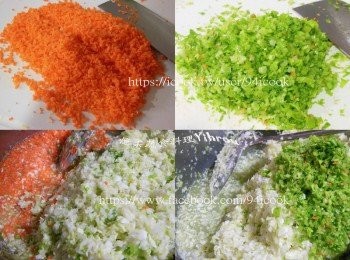 step1: 紅蘿蔔、芹菜切細末，加鹽拌勻放置20~30分鐘，擠出高麗菜水分。(包水餃請惜福芹菜葉留下來一起切碎完全吃不出來喔!)