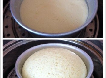 step5: 預熱蒸爐，把裝有麵糊的烘培模型移入蒸爐，把鍋蓋蓋起來大火蒸25-30分鐘，或至熟即可